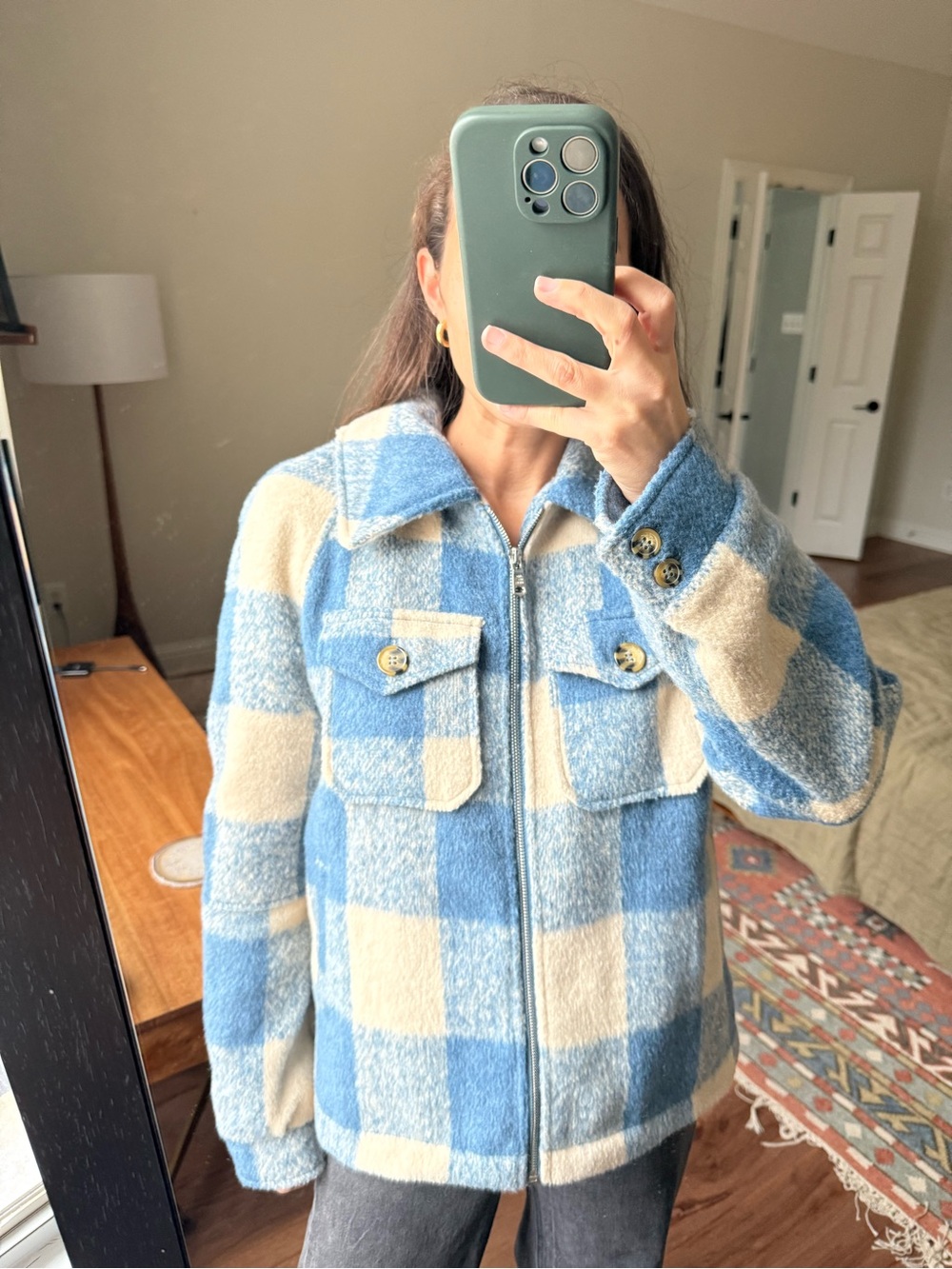 Avec Les Filles Blue and Cream Checked Teddy Jacket